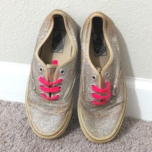Vans Low Top Sneakers Silver Glitter with Bright Pink Shoelaces Sparkling Shoes
